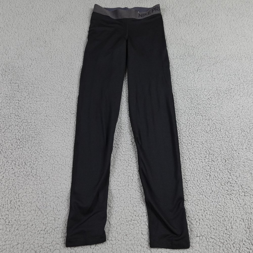 NIKE Pro Dri Fit Compression Leggings Womens Small Black Spell Out Run Training